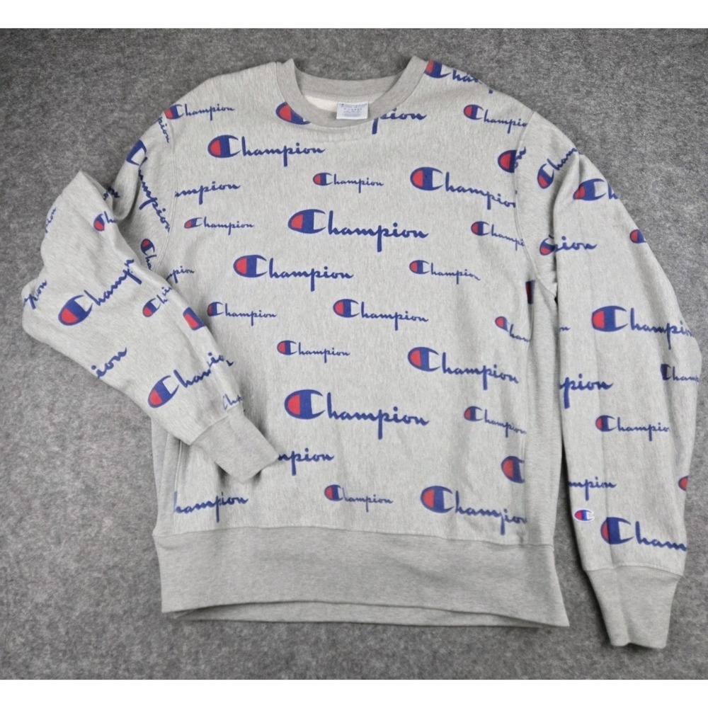 Champion Reverse Weave Sweatshirt Men's XL All Over Printed Logo Sweatshirt Crew